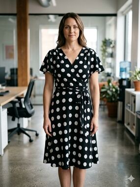 Shelby & Palmer Black and White Polka Dot Wrap Midi Dress